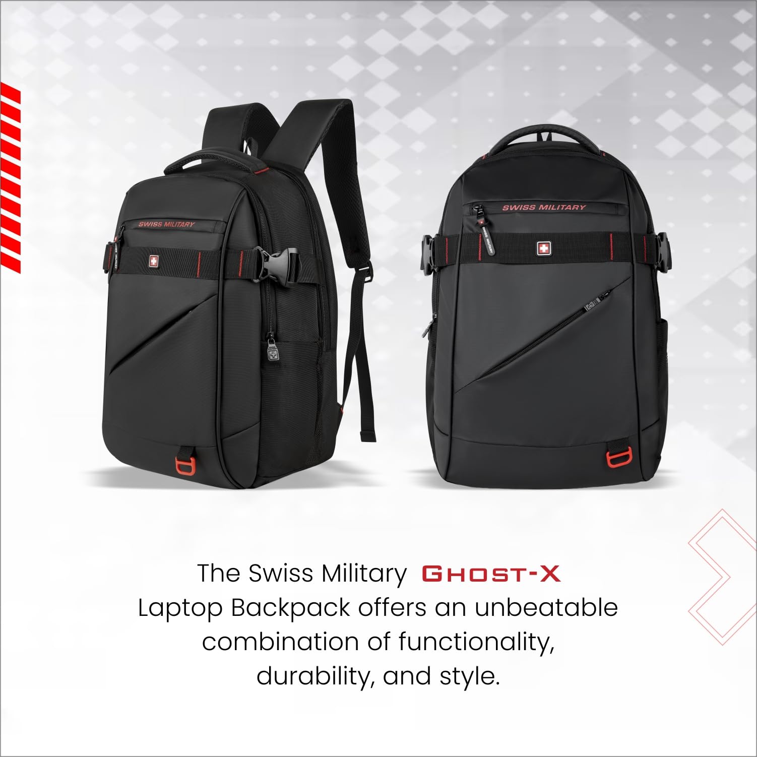SWISS MILITARY 30L Unisex Laptop Travel Backpack for 15.6-Inch Laptops – with Luggage Strap, Detachable Key Ring, Anti-Theft Pocket, Expandable Bottle Pocket for Office and College Use