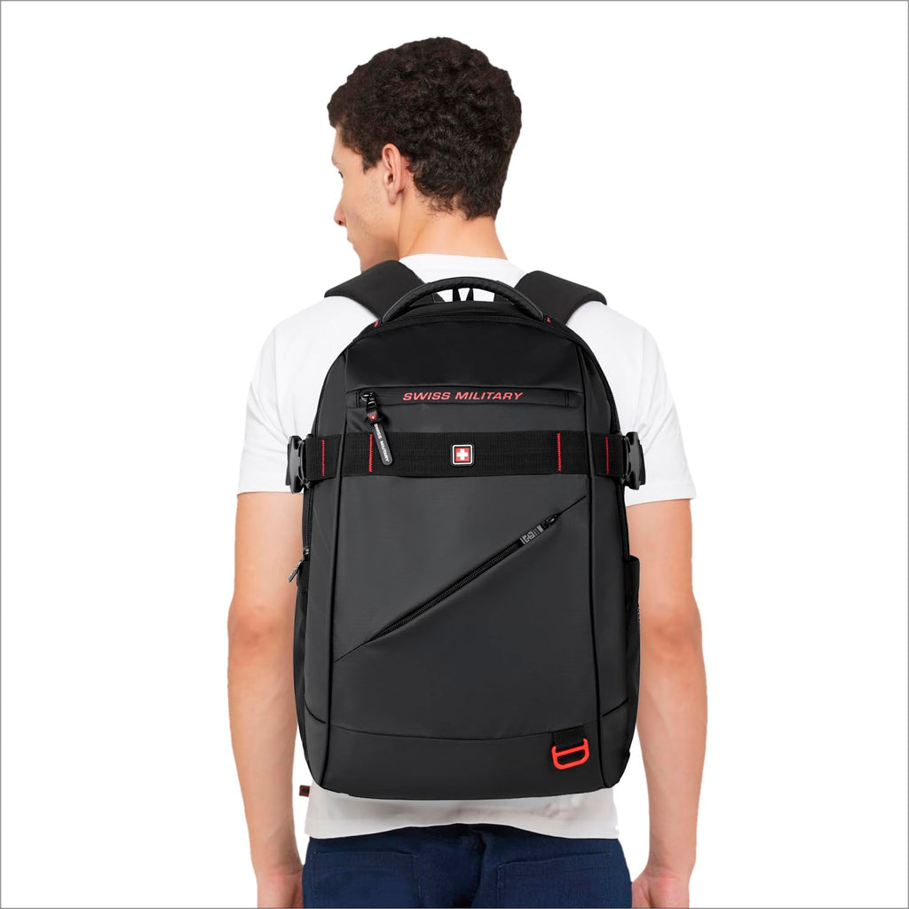SWISS MILITARY 30L Unisex Laptop Travel Backpack for 15.6-Inch Laptops – with Luggage Strap, Detachable Key Ring, Anti-Theft Pocket, Expandable Bottle Pocket for Office and College Use