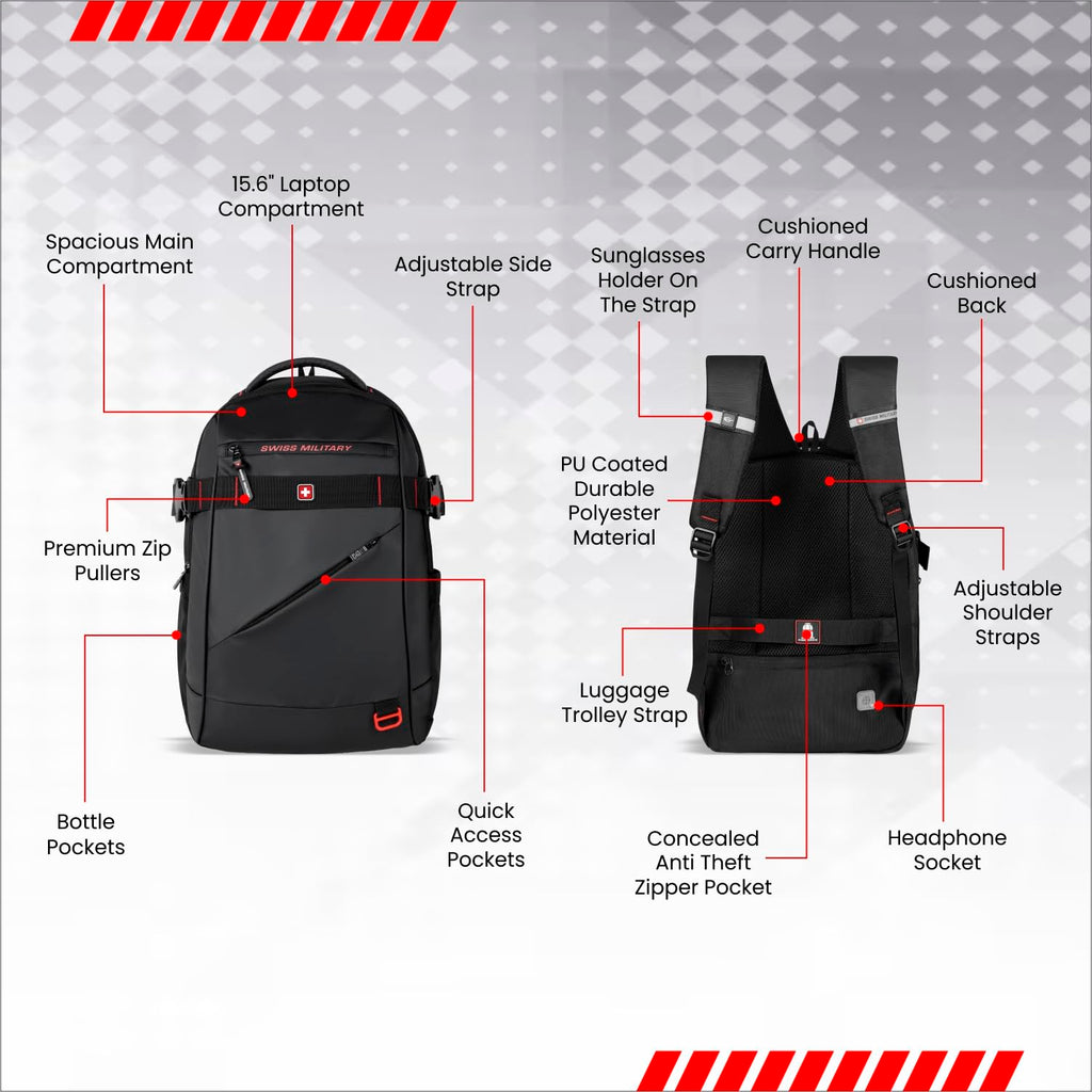 SWISS MILITARY 30L Unisex Laptop Travel Backpack for 15.6-Inch Laptops – with Luggage Strap, Detachable Key Ring, Anti-Theft Pocket, Expandable Bottle Pocket for Office and College Use