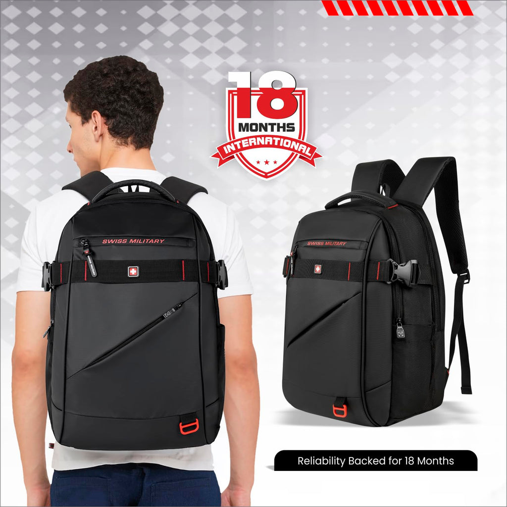 SWISS MILITARY 30L Unisex Laptop Travel Backpack for 15.6-Inch Laptops – with Luggage Strap, Detachable Key Ring, Anti-Theft Pocket, Expandable Bottle Pocket for Office and College Use