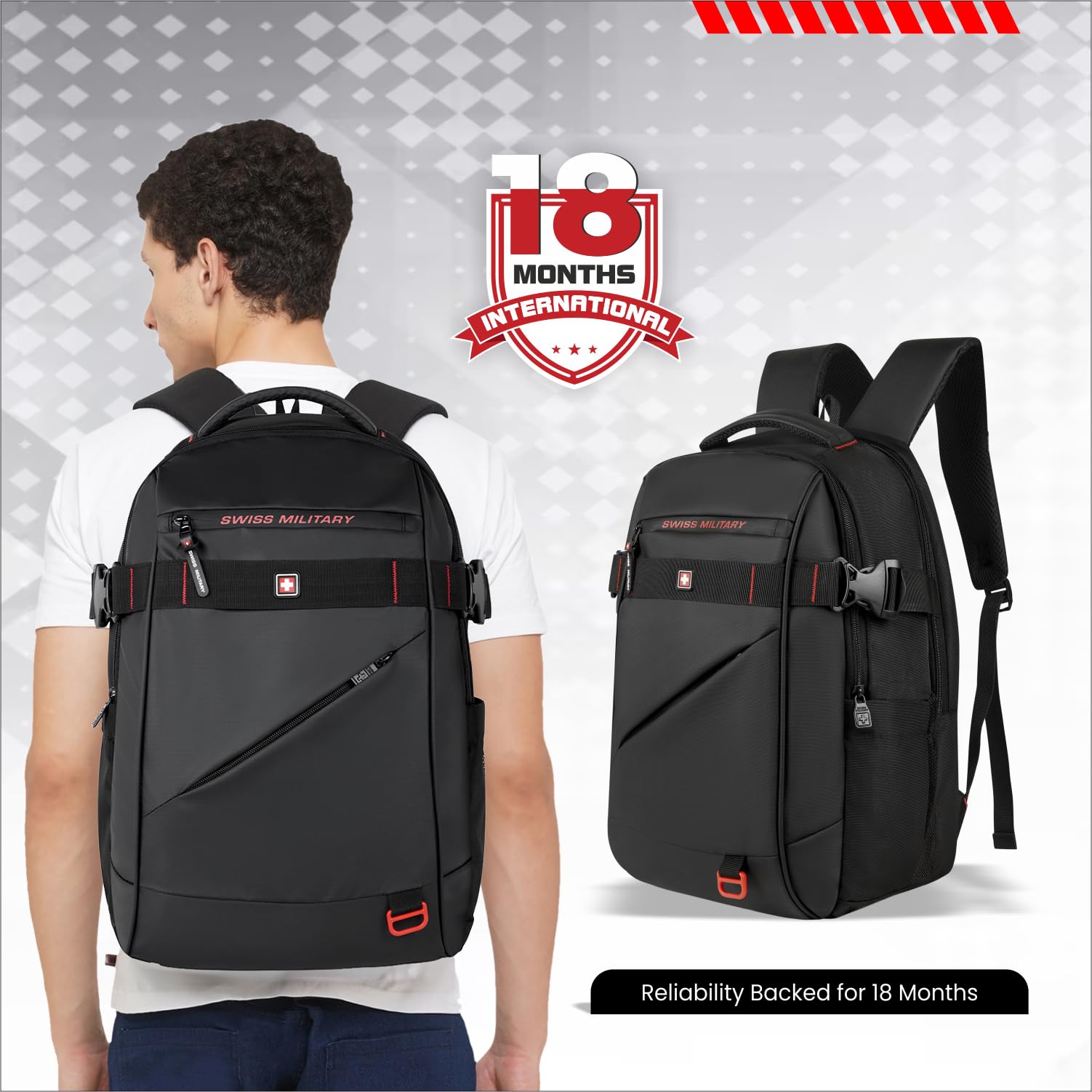 SWISS MILITARY 30L Unisex Laptop Travel Backpack for 15.6-Inch Laptops – with Luggage Strap, Detachable Key Ring, Anti-Theft Pocket, Expandable Bottle Pocket for Office and College Use