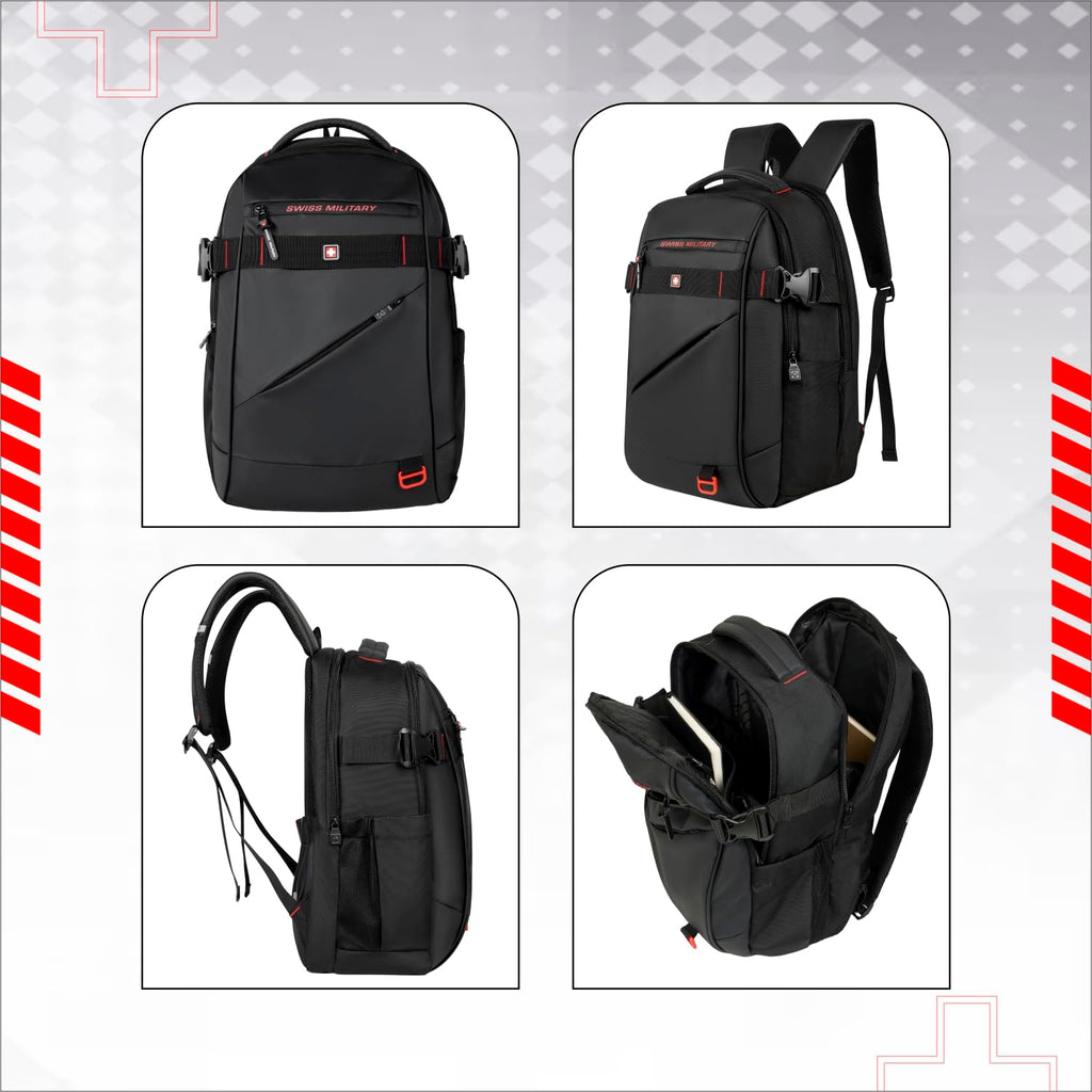 SWISS MILITARY 30L Unisex Laptop Travel Backpack for 15.6-Inch Laptops – with Luggage Strap, Detachable Key Ring, Anti-Theft Pocket, Expandable Bottle Pocket for Office and College Use