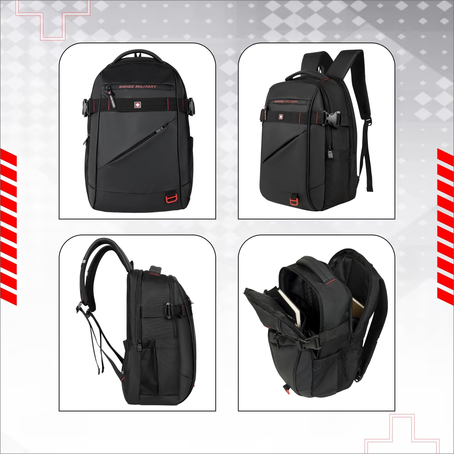 SWISS MILITARY 30L Unisex Laptop Travel Backpack for 15.6-Inch Laptops – with Luggage Strap, Detachable Key Ring, Anti-Theft Pocket, Expandable Bottle Pocket for Office and College Use