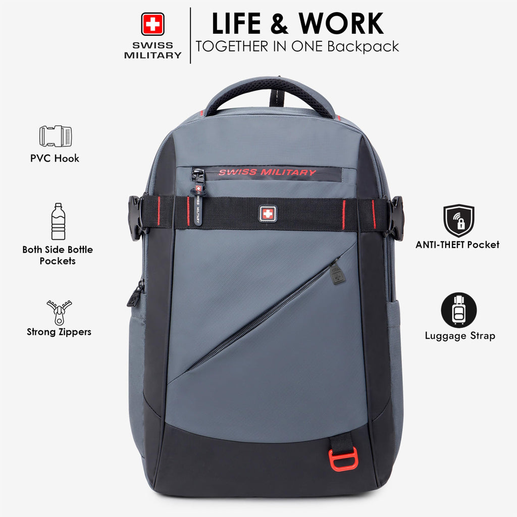 SWISS MILITARY 30L Unisex Laptop Travel Backpack for 15.6-Inch Laptops – with Luggage Strap, Detachable Key Ring, Anti-Theft Pocket, Expandable Bottle Pocket for Office and College Use