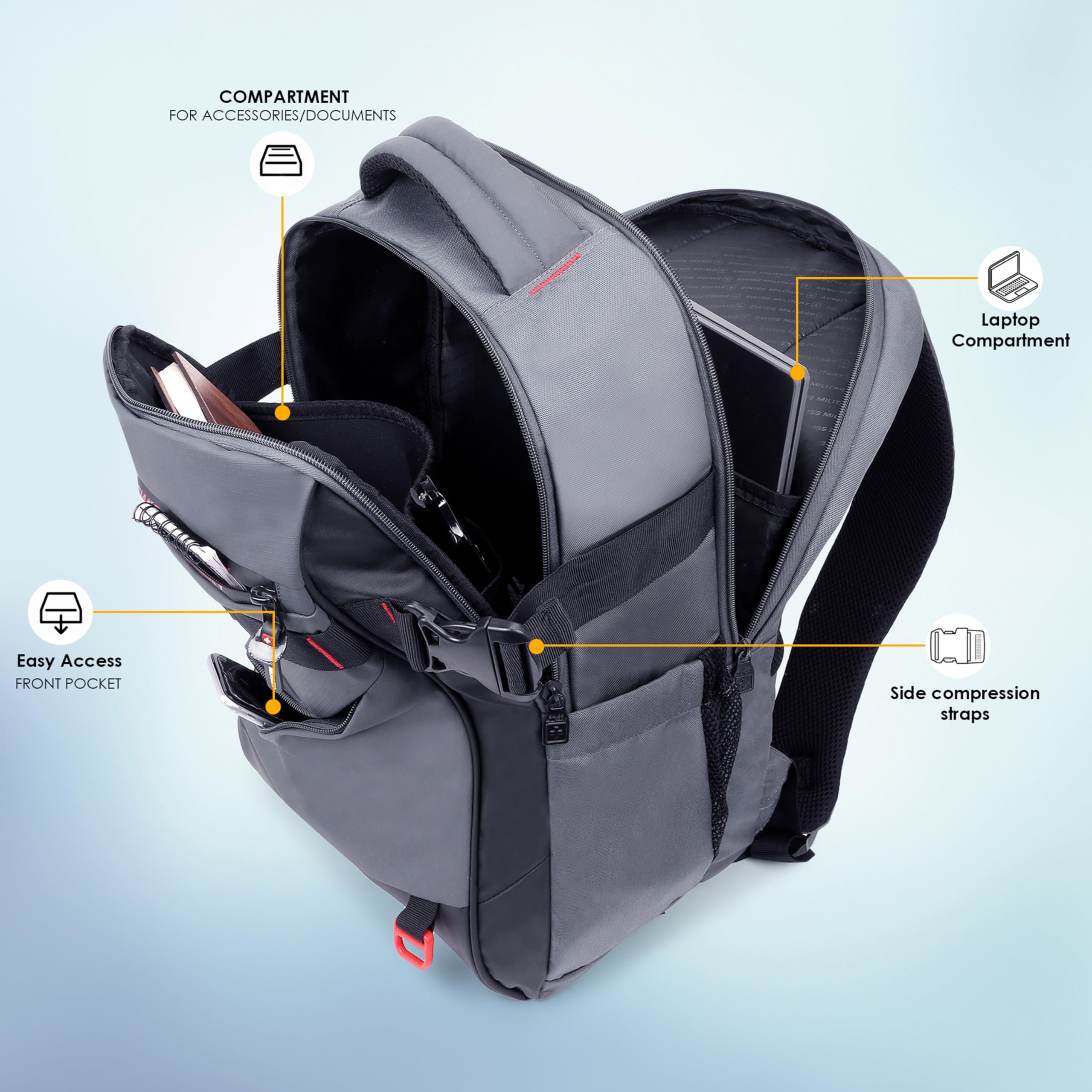 SWISS MILITARY 30L Unisex Laptop Travel Backpack for 15.6-Inch Laptops – with Luggage Strap, Detachable Key Ring, Anti-Theft Pocket, Expandable Bottle Pocket for Office and College Use